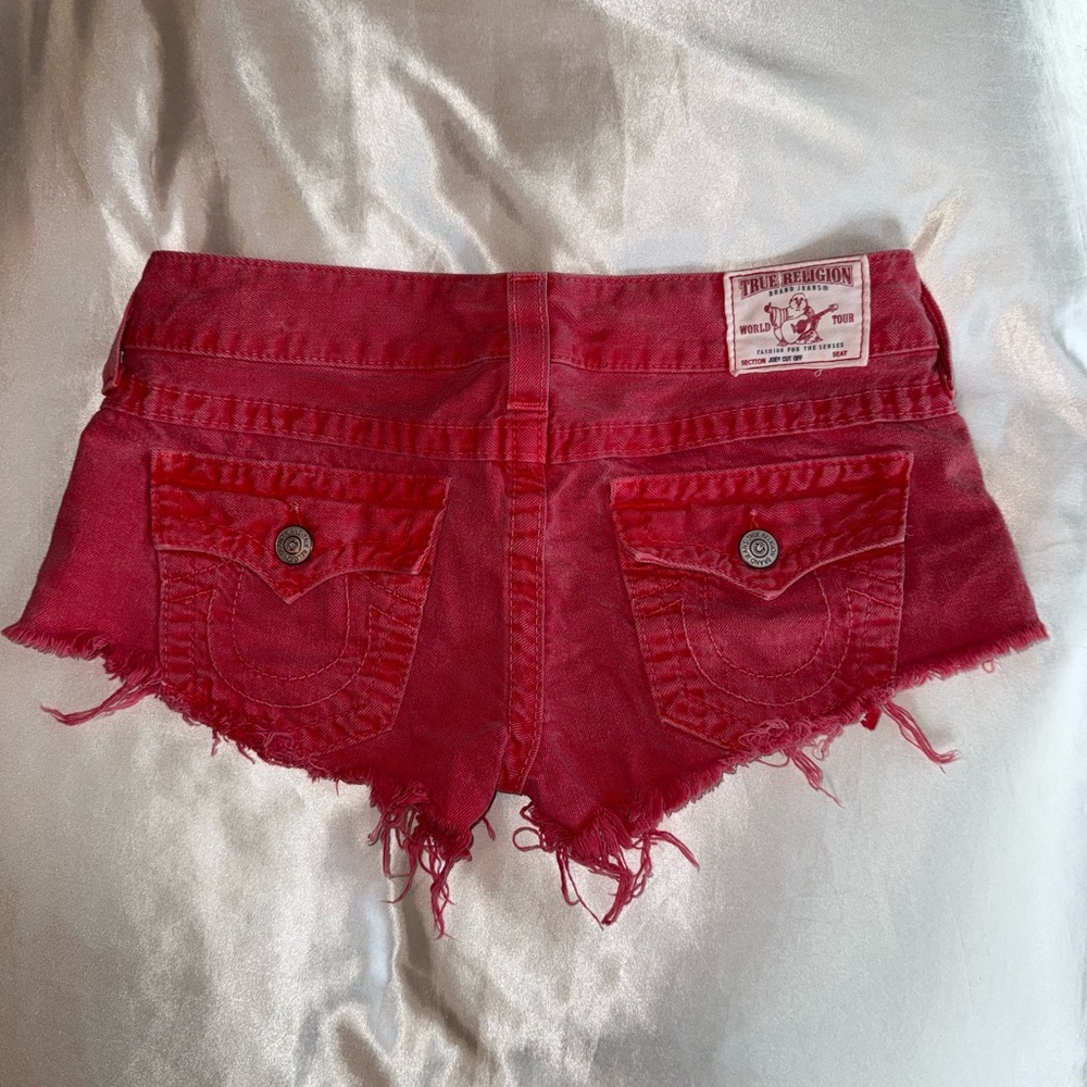 True Religion Red Distressed Jean Shorts